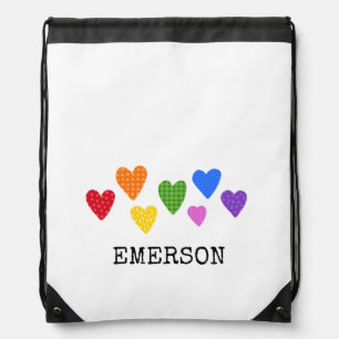 Rainbow Hearts Kids NAME Colorful Love Modern Fun  Drawstring Bag