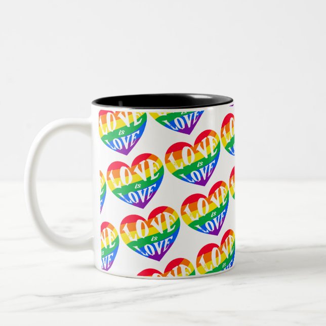 Rainbow Hearts Love Is Love Pride Two-Tone Coffee Mug (Left)