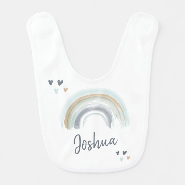 Rainbow & Hearts Muted Boho Blue Baby Name  Baby Bib (Front)