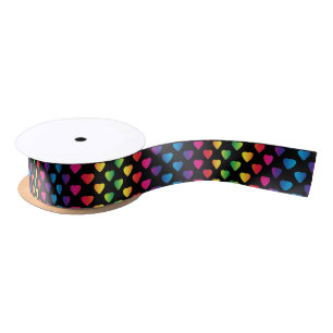 Rainbow Hearts on black Satin Ribbon
