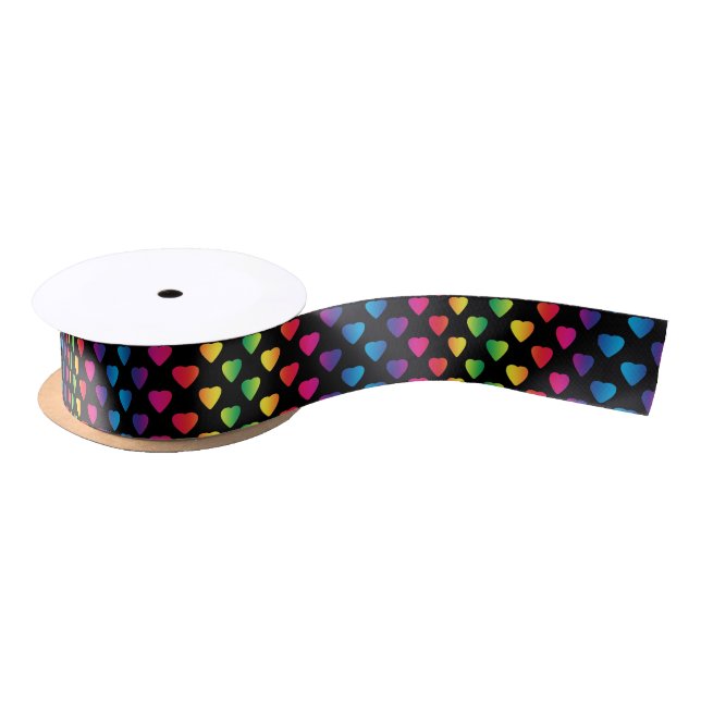 Rainbow Hearts on black Satin Ribbon (Spool)