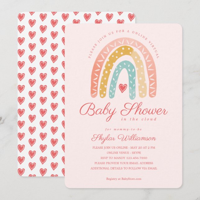 Rainbow & Hearts Online Virtual Girl Baby Shower Invitation (Front/Back)