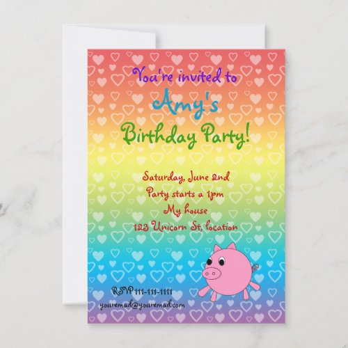 Rainbow hearts pig birthday invitations