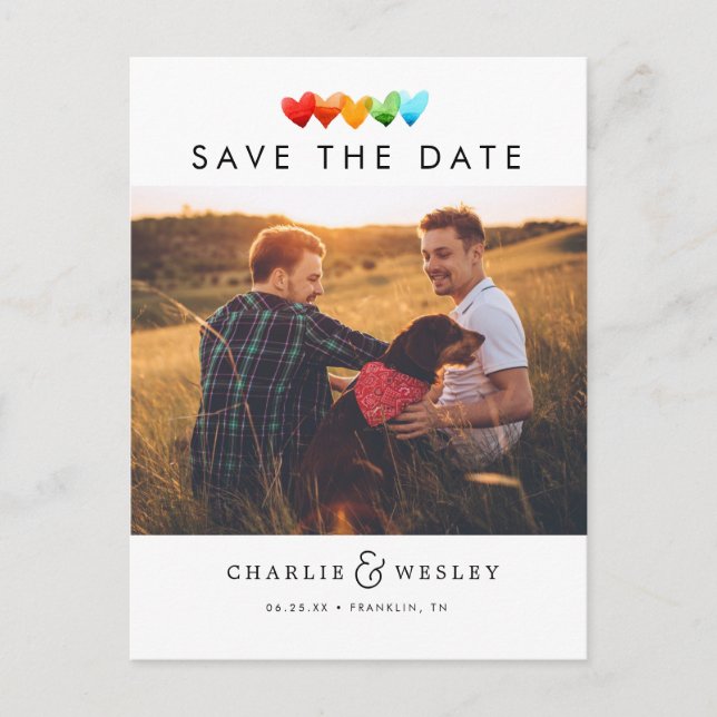 Rainbow Hearts Save the Date with Photo Postcard (Front)