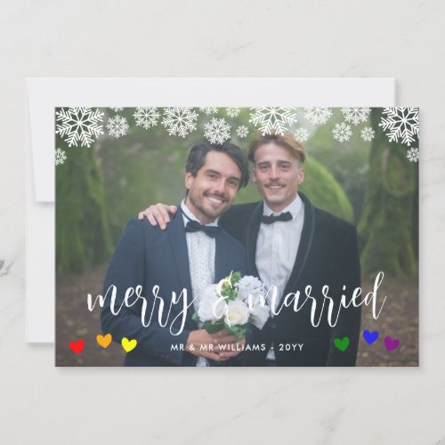 Rainbow Hearts  Snowflakes LGBT Merry Married Holiday Card