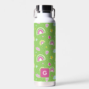 Rainbow Hearts & Stars Green Pink Kids Personalize Water Bottle
