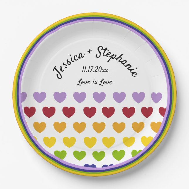 Rainbow Hearts Stripes Patterned Personalized Paper Plates (Front)