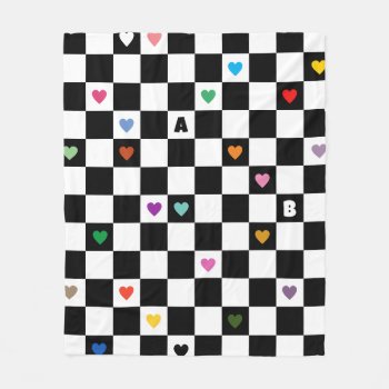 Rainbow Hearts Two Letter Black White Checkerboard Fleece Blanket by 2BirdStone at Zazzle