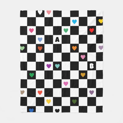 Rainbow Hearts Two Letter Black White Checkerboard Fleece Blanket