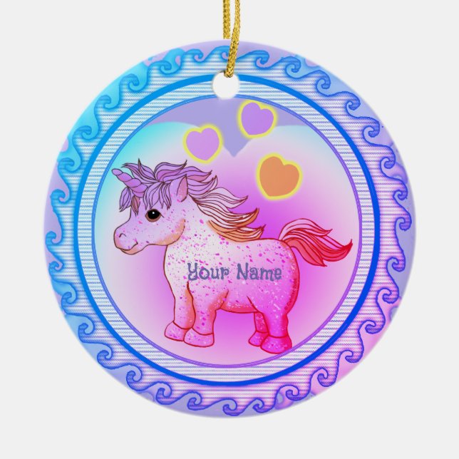 Rainbow Hearts Unicorn  Ceramic Ornament (Front)