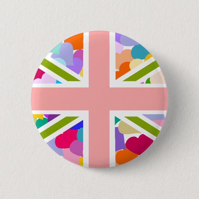 Rainbow Hearts Union Jack Pinback Button (Front)