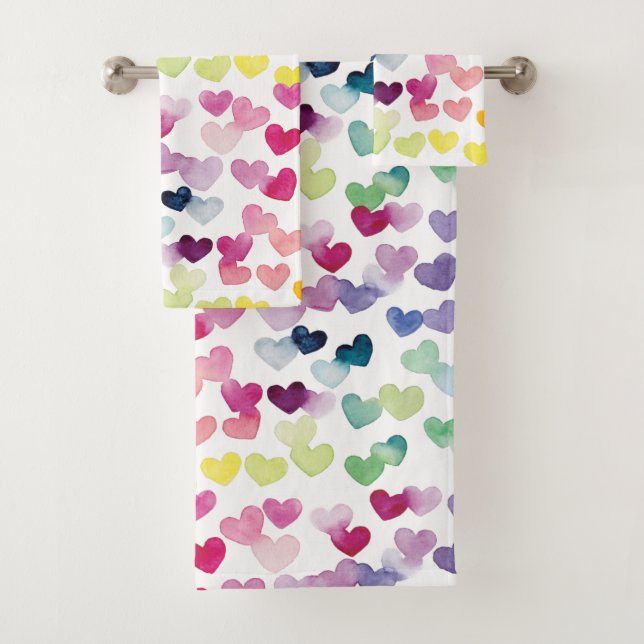 Rainbow hearts watercolor bath towel set (Insitu)
