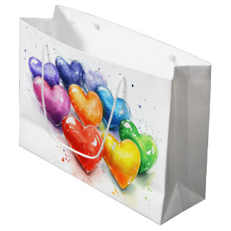 Rainbow Hearts Watercolour Digital Art Large Gift Bag