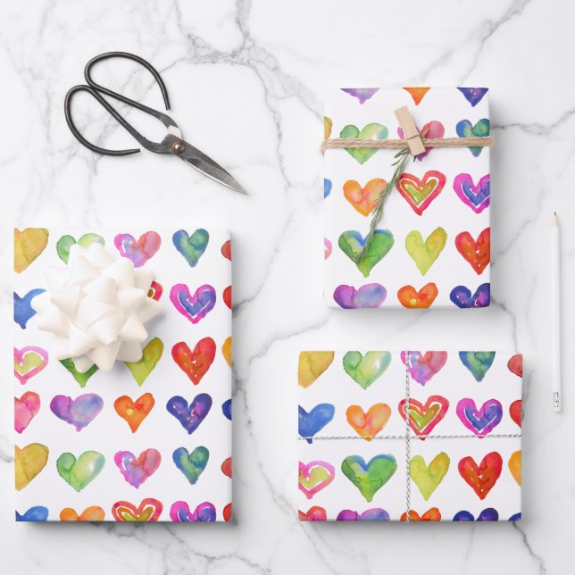 Rainbow Hearts Wrapping Paper Flat Sheet Set of 3 (Front)