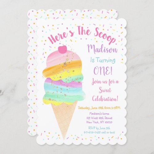 Rainbow Heres The Scoop Ice Cream Birthday Invitation