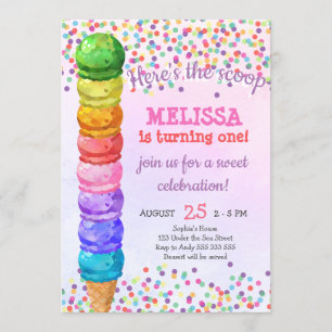 Rainbow Here's The Scoop Ice Cream Girl Birthday Invitation
