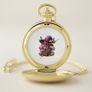 Rainbow Highland Cow Halloween Pocket Watch