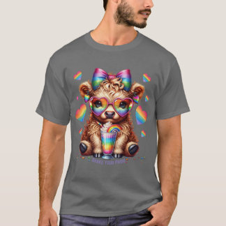 Rainbow Highland Cow Pride Celebration Cute Cow Ar T-Shirt