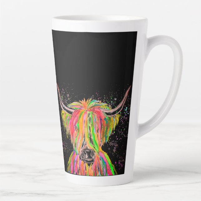 Rainbow highland cow Watercolor Nature Farm Animal Latte Mug (Right)