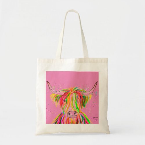 Rainbow highland cow Watercolor Nature Farm Animal Tote Bag