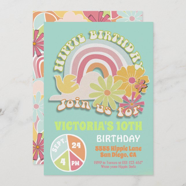 Rainbow Hippie Birthday Party Invitation (Front/Back)