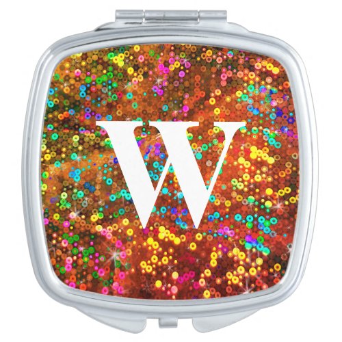 Rainbow Hologram Sequin Glitter Party Monogram Compact Mirror