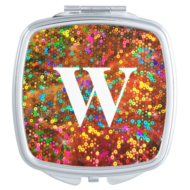 Rainbow Hologram Sequin Glitter Party Monogram Compact Mirror (Front)