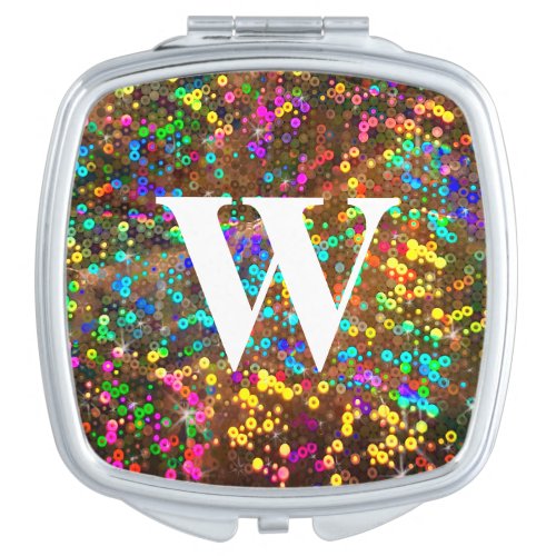 Rainbow Hologram Sequin Glitter Party Monogram Compact Mirror