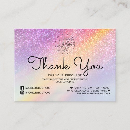 Rainbow Holograph Glitter Ombre Customer Thank You Business Card