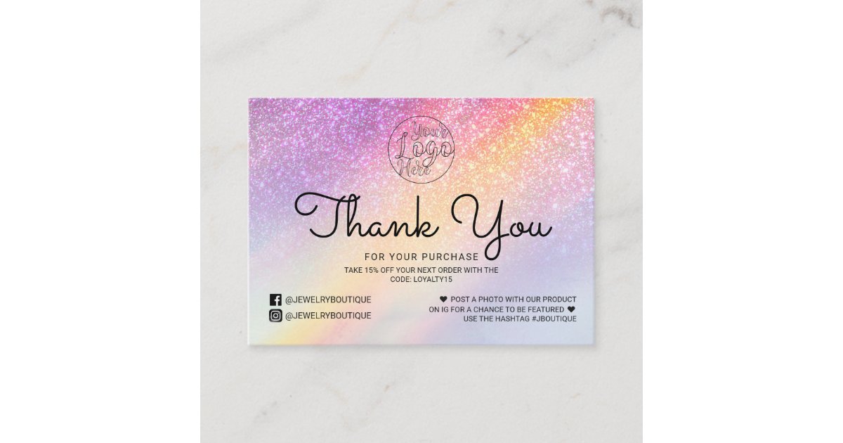 Rainbow Holograph Glitter Ombre Customer Thank You Business Card | Zazzle