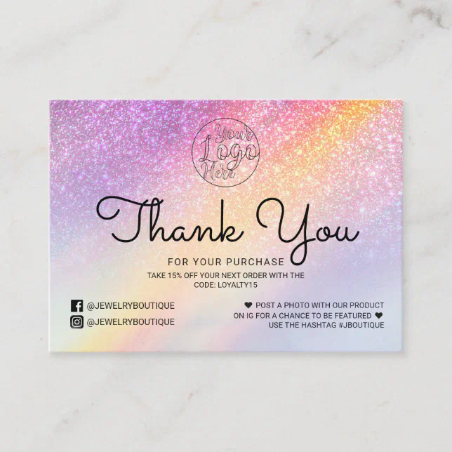 Rainbow Holograph Glitter Ombre Customer Thank You Business Card | Zazzle