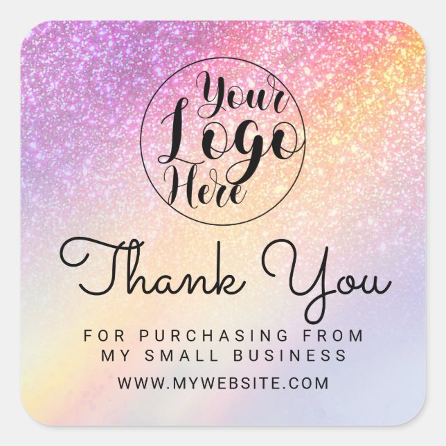 Rainbow Holograph Glitter Ombre Customer Thank You Square Sticker (Front)