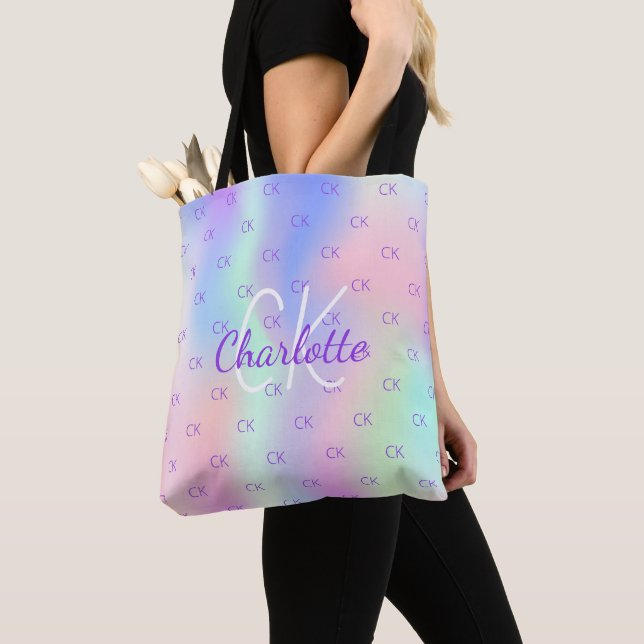 Rainbow holographic custom monogram pink purple tote bag (Close Up)
