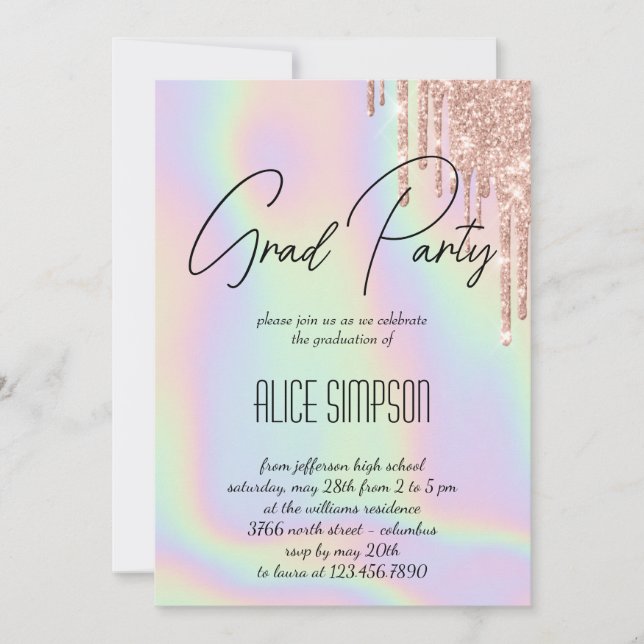 Rainbow Holographic  Drip Graduation Invitation (Front)