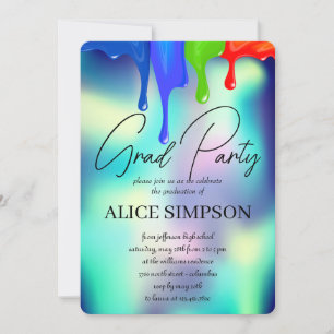 Rainbow Holographic  Drip Graduation Invitation
