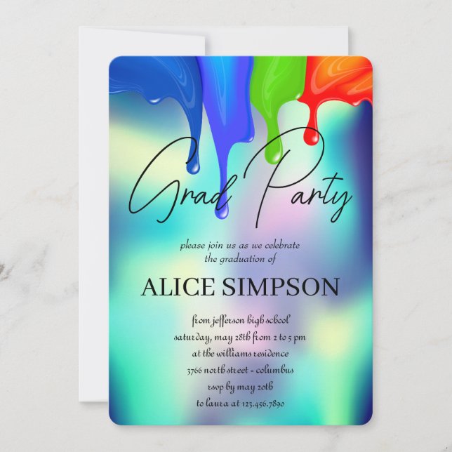 Rainbow Holographic  Drip Graduation Invitation (Front)