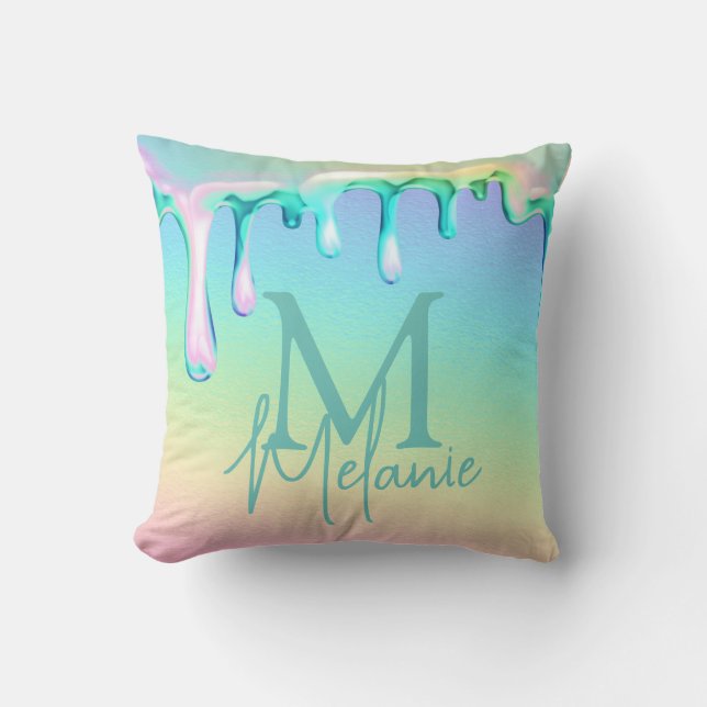 Rainbow Holographic Drips Glamorous Gradient Throw Pillow (Front)
