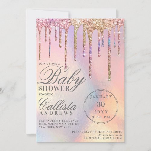 Rainbow Holographic Glitter Drips Baby Shower Invitation
