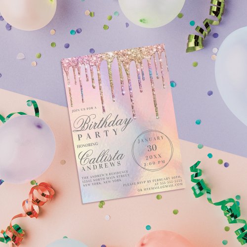 Rainbow Holographic Glitter Drips Birthday Invitation