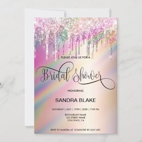 Rainbow Holographic Glitter Drips Bridal Shower In Invitation