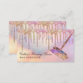 Rainbow Holographic Glitter Drips Cleaning Service Business Card (Front/Back)