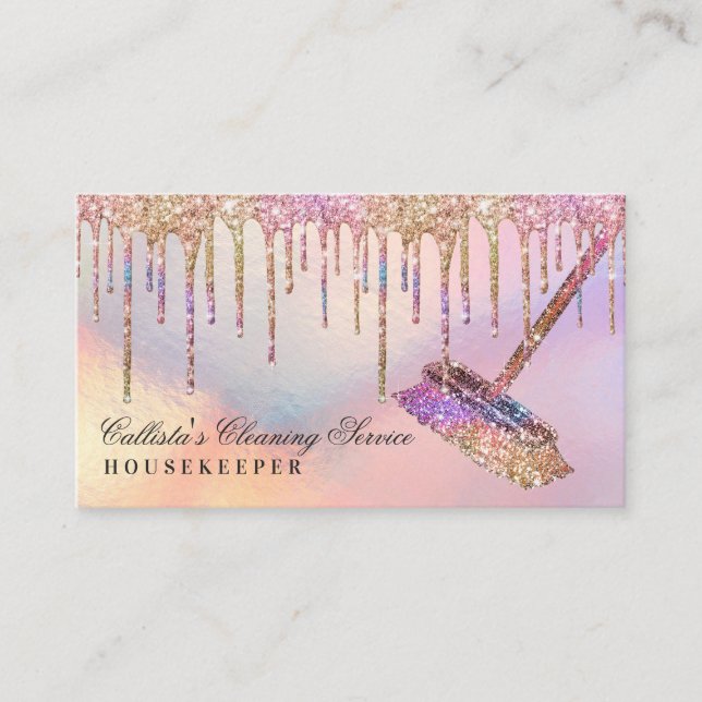 Rainbow Holographic Glitter Drips Cleaning Service Business Card (Front)