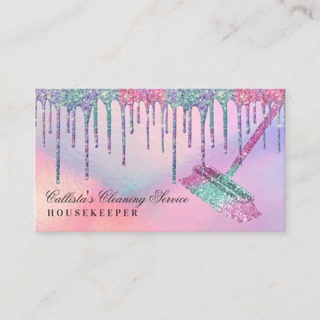 Rainbow Holographic Glitter Drips Cleaning Service Business Card (Front)