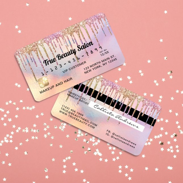 Rainbow Holographic Glitter Drips Credit Business Card