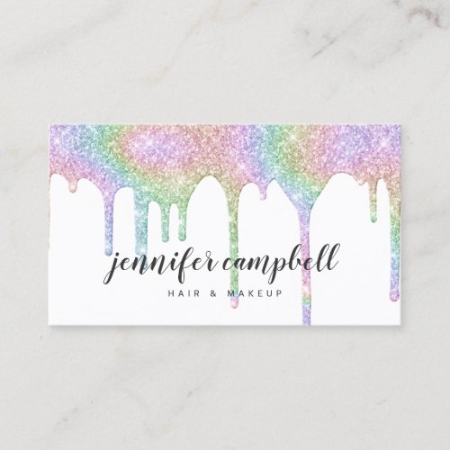 Rainbow holographic glitter drips glam makeup hair business card