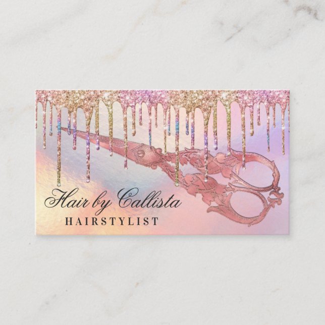 Rainbow Holographic Glitter Drips Hair Scissors Business Card (Front)