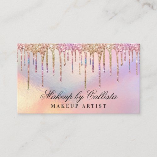 Rainbow Holographic Glitter Drips Makeup Business Card