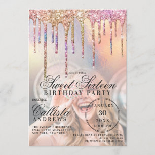 Rainbow Holographic Glitter Drips Photo Sweet 16 Invitation