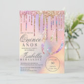 Rainbow Holographic Glitter Drips Quinceañera Invitation (Standing Front)