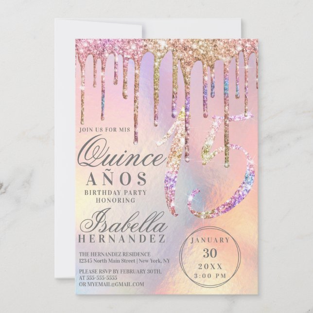 Rainbow Holographic Glitter Drips Quinceañera Invitation (Front)